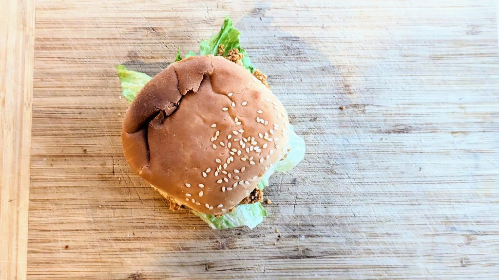 Plant-Based McChicken Sandwich on a cutting board