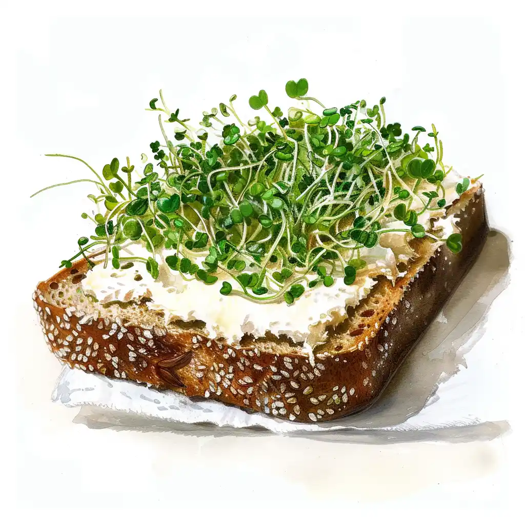 Whole grain bread, plant-based bean boursin, broccoli sprouts