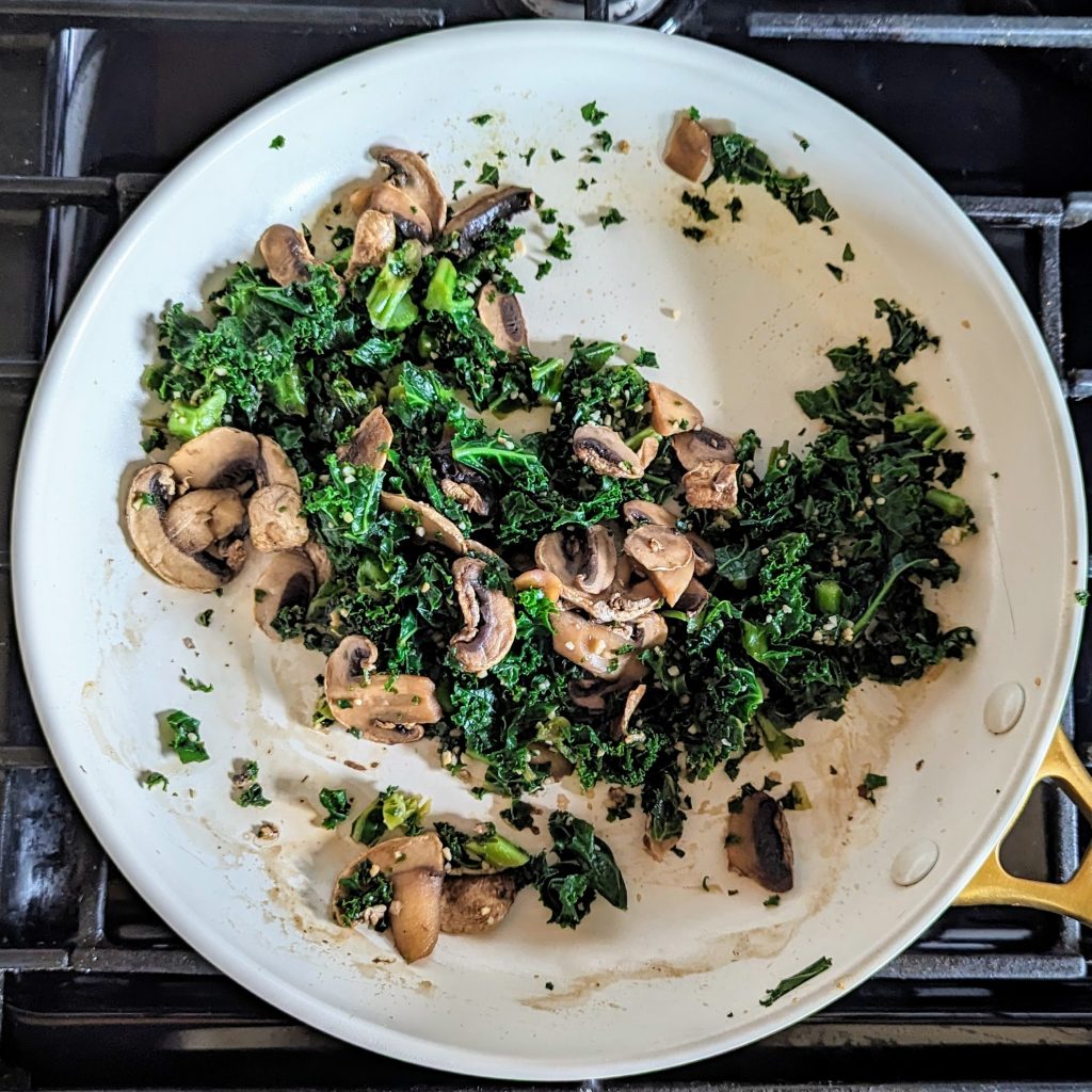 The Mighty KMG: Kale, Mushrooms, and Garlic in a skillet (top-down, full skillet)