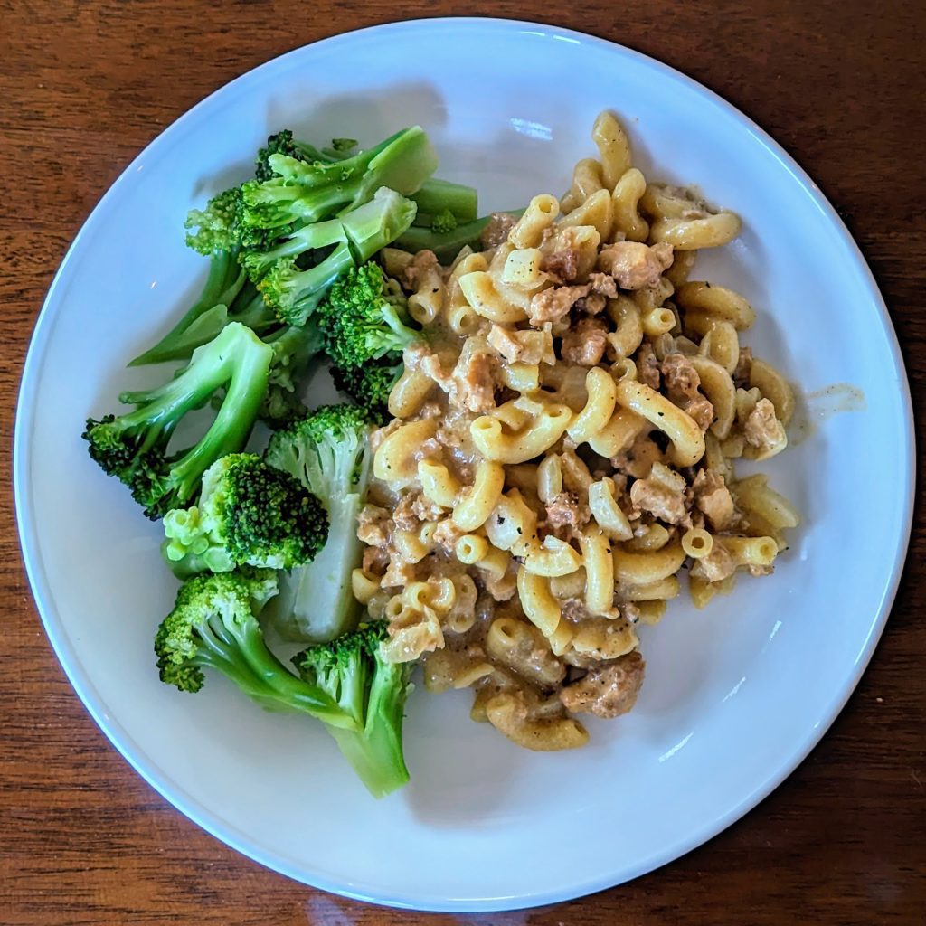 Plant-based hamburger helper and blanched broccoli